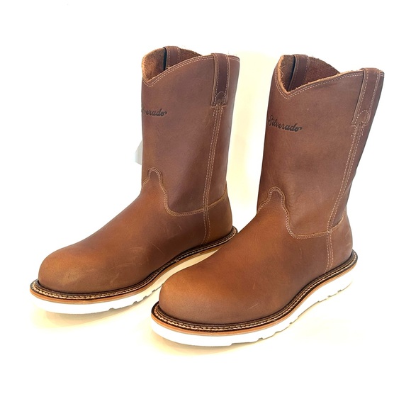 Tan mid-calf pull-on work boots with thick rubber sole and rounded toe - Picture 2 of 10